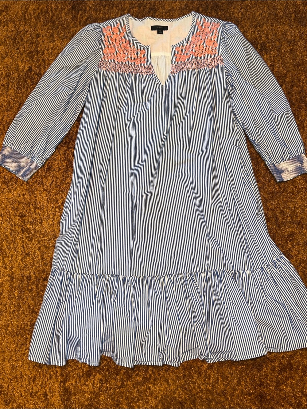 J. Crew Blue and White Striped Dress with Pink Embroidery